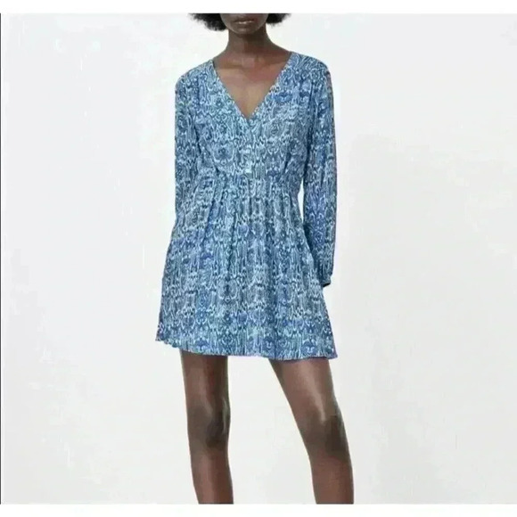 ZARA BLUE ANIMAL PRINTED V NECK SHORT DRESS WITH DART DETAILS SIZE Large - Picture 1 of 10